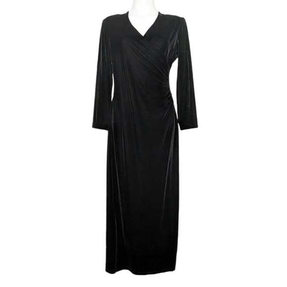 VTG Ronni Nicole Black Velvet Wrap Ruched Waist V Neck Long Sleeve Maxi Dress - Picture 1 of 11